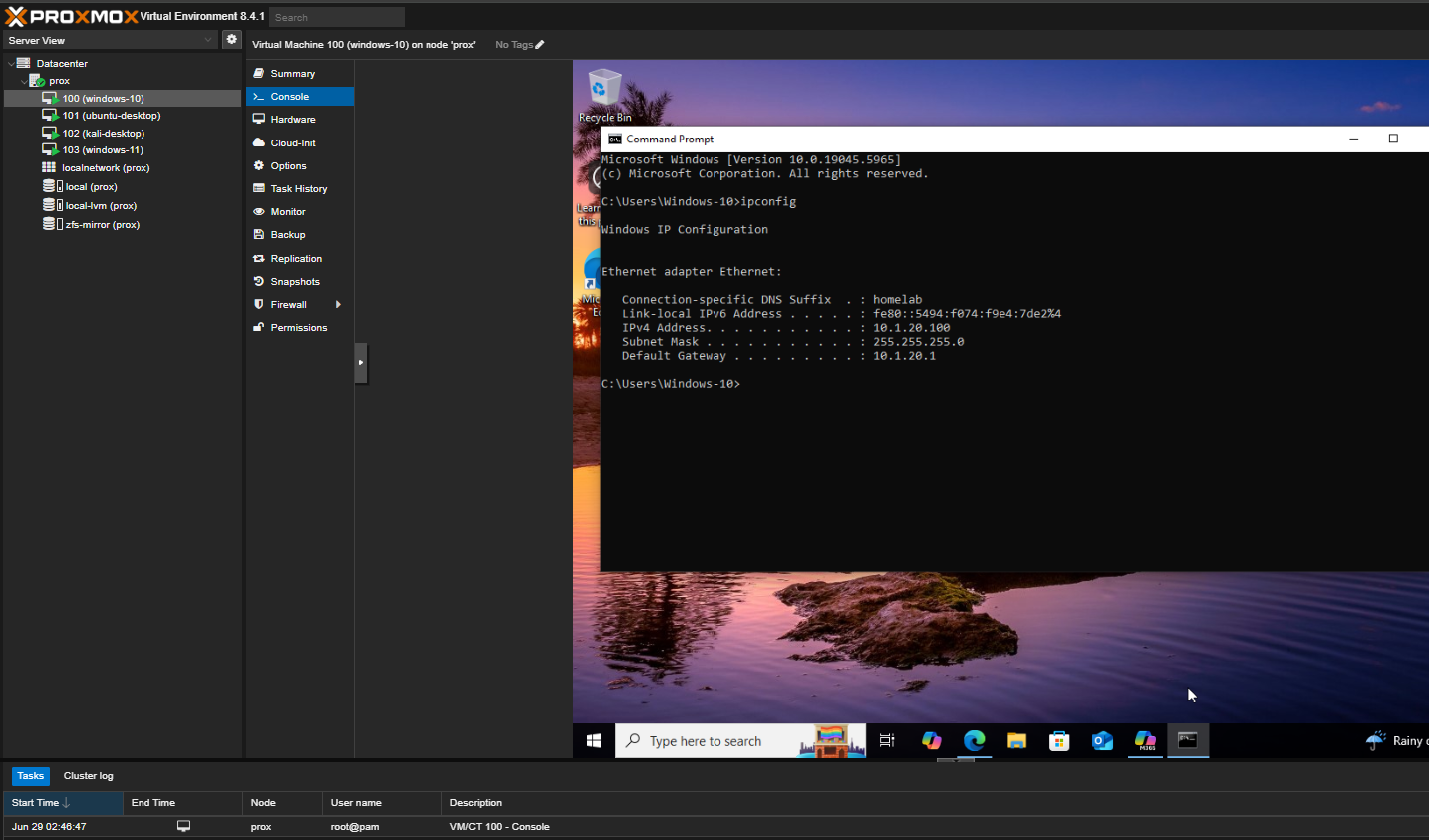 Windows 10 on proxmox having internet access